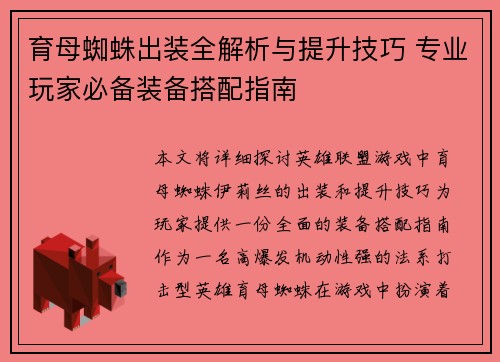 育母蜘蛛出装全解析与提升技巧 专业玩家必备装备搭配指南